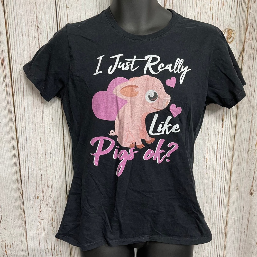 Pig Lover T-shirt Women M Black I Just Really Like Pig Short Sleeve Crew Neck